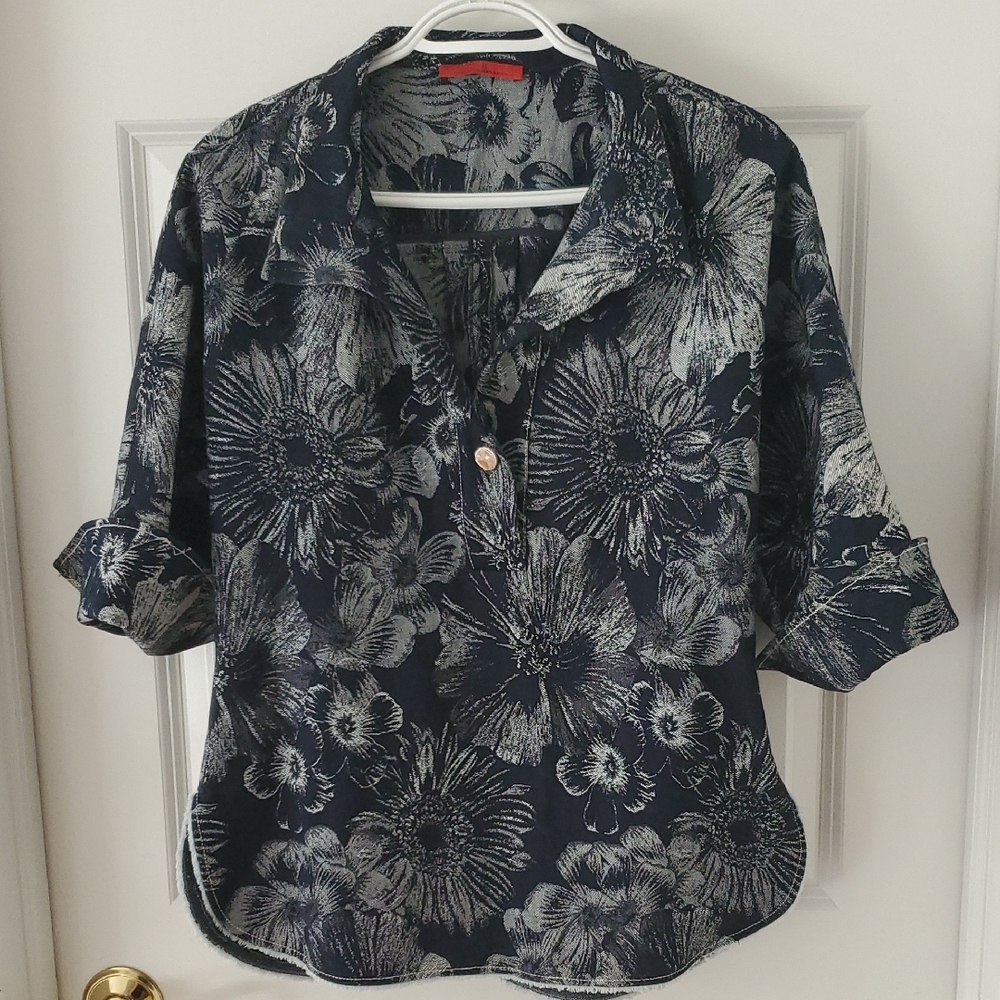 Carolina Herrera Blue Jacquard Floral 3/4 Sleeve Top Size S
